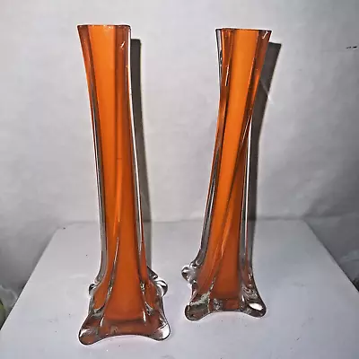 (2) Vintage Mid Century Modern Orange Vases 7-3/4” White Cased Interior Mod • $34.99