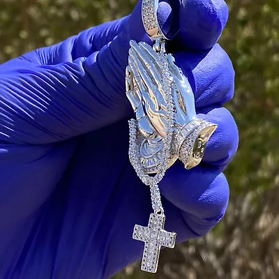 925 Sterling Silver Iced CZ Pendant Pray Praying Hands W/Dangling Rosary Cross • $69.95