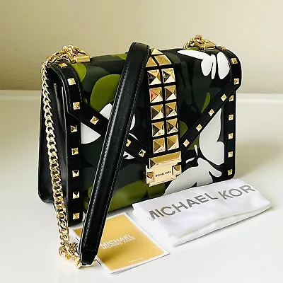 Nwt Michael Kors Studded Leather Shoulder Handbag Camo Butterfly Gold Chain • $199.98
