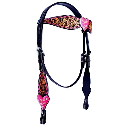 75RK HILASON Western Horse Headstall American Leather Floral Pink Heart Tan • $54.95