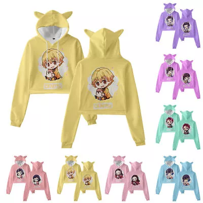 Women Cartoon Kimetsu No Yaiba Hoodie Sweatshirt Pullover Ears Hooded Crop Top • £18.06