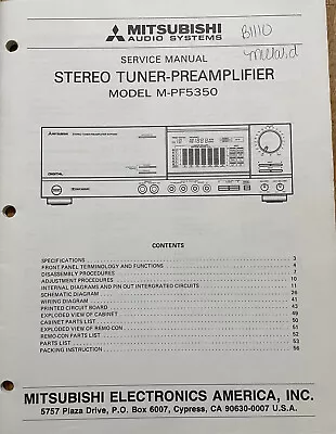 Mitsubishi M-pf5350 Stereo Tuner Preamplifier Original Service Repair Manual • $26.94