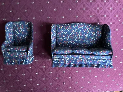 Set Of  2 Vintage Dollhouse Living RoomFurniture Couch Chair Blue Print • $21.95