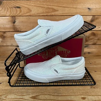 VANS Classic Slip On Size UK 12 Kids Girls White Glitter Low Shoes Trainers NEW • £29.99