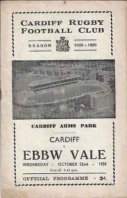 Cardiff v Ebbw Vale 22 Oct 1958 RUGBY PROGRAMME • £11.99