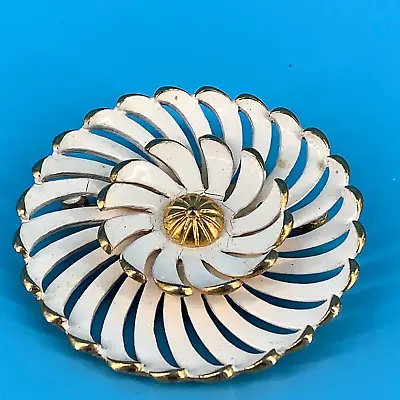 Monet Brooch VTG White Enamel Signed Pin MCM Swirl Circle Flower • $10.88