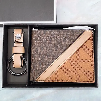 Michael Kors Men's Gifting Slim Bifold Wallet Key Fob Set PVC Leather /Brown • $59