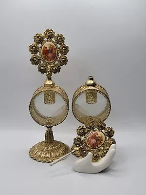 Pair Ornate Gold Ormolu Filigree/Rose Perfume Bottle • Fragonard Tile Center  • $279