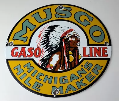 Vintage Musgo Gasoline Sign - Gas Motor Oil Pump American Indian Porcelain Sign • $142.37