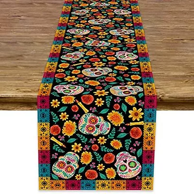 Dia De Los Muertos Table Runner Linen Mexican Sugar Skull Day Of The Dead Alt... • $12.14