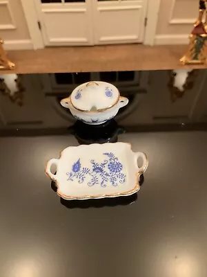Dollhouse Miniatures Reutter Porcelain Blue Onion Serving Tray & Soup Tureen • $5.99