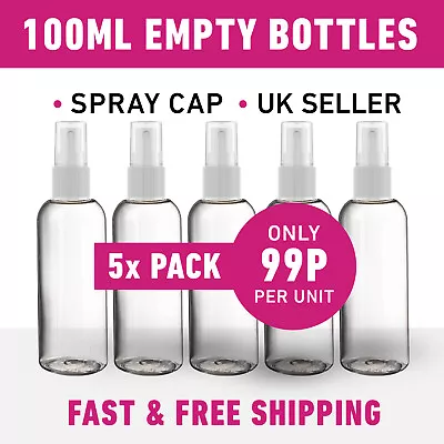 £4.95 • Buy 100ML Empty Plastic Bottle +Spray Caps For Hand Gels & Lotion Travel *5 Pack* UK