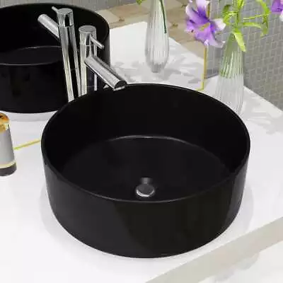 Above Counter Bathroom Basin Elegant Glazed Ceramic Washroom Sink Round Black • $107.95