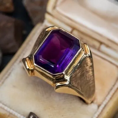 5.20 Ct Simulated Emerald Cut Amethyst Men's Wedding Ring 14K Yellow Gold Plated • $259.99