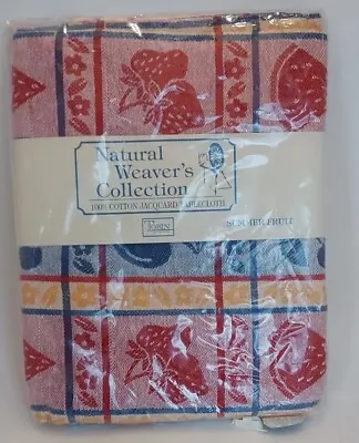  100% Cotton Tablecloth 60  New Round Natural Weavers Collection Fruit Red Blue • $15