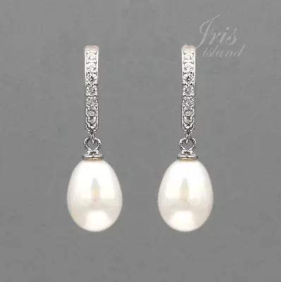 $18.99 • Buy Freshwater Pearl CZ 925 Sterling Silver Drop Dangle Hinged Earrings Lever Back 7