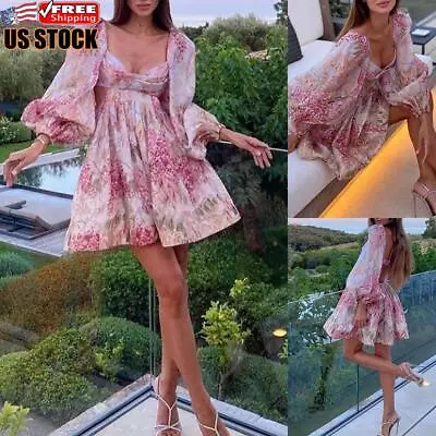 $7.69 • Buy Women Floral Deep V-Neck Puff Sleeve Dress Summer Holiday Swing Mini Dress Party