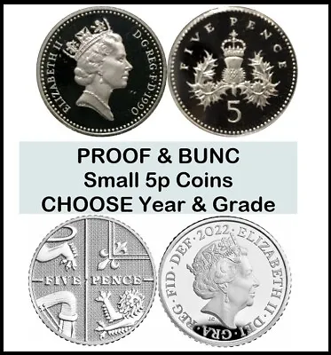 5p Five Pence Coins Proof & Bunc Choose Year & Grade SMALL 1990-2024 18.00mm NEW • £2.39