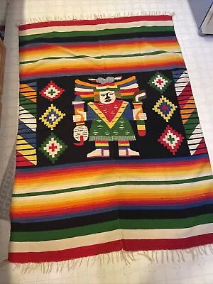 VINTAGE HAND WOVEN MAYAN ZAPOTEC MEXICO MULTICOLOR  RUG BLANKET 52 X 74 Inches • $99.99