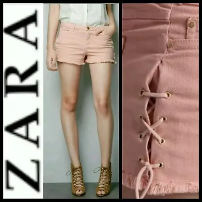 ZARA Pink Lace-Up Corded Sides Denim Cotton Stretch Cutoff Shorts ~ L  M3020 • $39.98