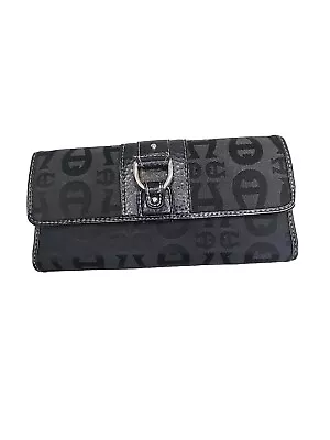 Etienne Aigner Bifold Wallet Black Logo Jacquard Leather ID Cards Coin Slip  • $18.77