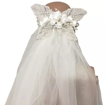 Beaded Sequin Butterfly Headpiece Bridal Wedding Double Veil Train Vintage 90s • $33.74