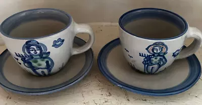 WOW MA Hadley Stoneware Art Pottery Farmer Coffee Cup Mug Saucer Set Lot 2 • $44.99