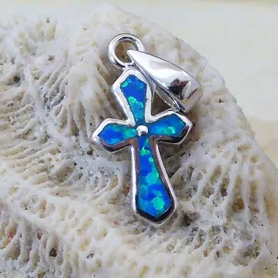 Real Sterling Silver Cross Pendant With Blue Opal Inlay • $16