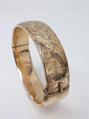 Vintage 9ct Yellow Gold  Metal Core Detailed Floral Etching Hinged Bangle 30.4g • £10.50