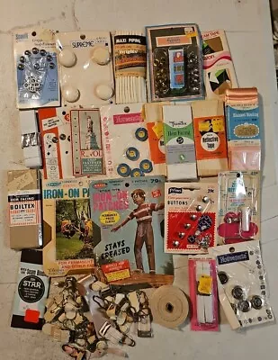 Vintage Sewing Notions Lot. Buttons Snaps Zipper Repair Kit Patches • $12.30