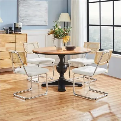 Boucle Fabric Mid Century Dining Room Chairs Set Of 2 With Rattan Back White • $84.99