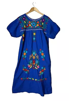 Vintage Mexican Cotton Colorful Embroidered Floral Short Sleeve Maxi Dress Large • $25