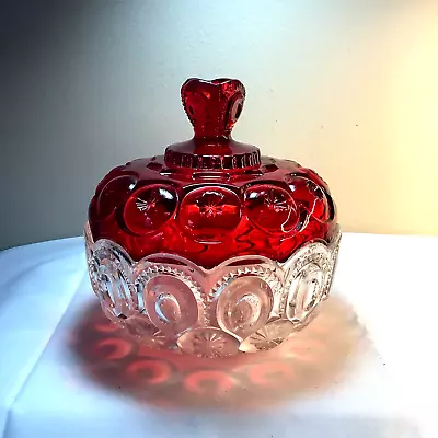 RARE VINTAGE L E SMITH MOON & STARS RUBY RED On CLEAR GLASS CANDY DISH     374 • $69