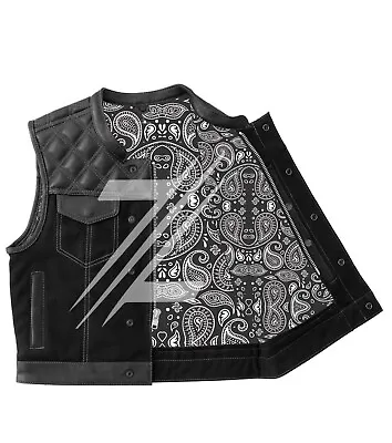 Men's Denim Biker Vest Hunting Club Motorcycle Vest Diamond Quilted Black/White • $162