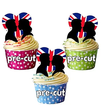 PRECUT Union Jack Couple Silhouette Cup Cake Toppers Decorations Royal Monarch • £3.75