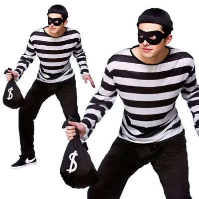 Mens Robber Costume Masket Bandit Robber Convict Adults Fancy Dress Halloween • £18.99
