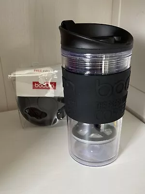 BODUM Black Travel French Press Coffee Maker Set Extra Lid Vacuum 0.35L 12oz New • £18