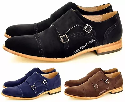 Mens Double Monk Strap Suede Loafers Casual Office Shoes Leather Lined Size 7-12 • £24.99