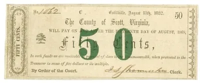 1862 50 Cents County Of Scott VIRGINIA Note - CIVIL WAR Era Banknotes • $189.99