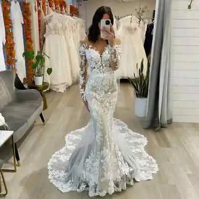 Sexy Boho Mermaid Wedding Dresses V-Neck Long Sleeves Lace Appliques Bridal Gown • $148.60