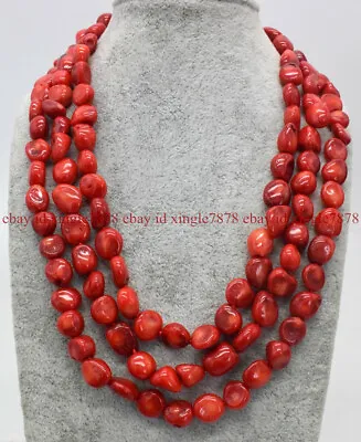 3 Rows Natural 8x10mm South Sea Irregular Red Coral Beads Necklace 18-20  • $12.73