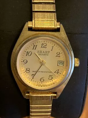 Vintage SHARP Womens Watch Gold Tone Round Dial Expansion Bracelet W New Battery • $13.99