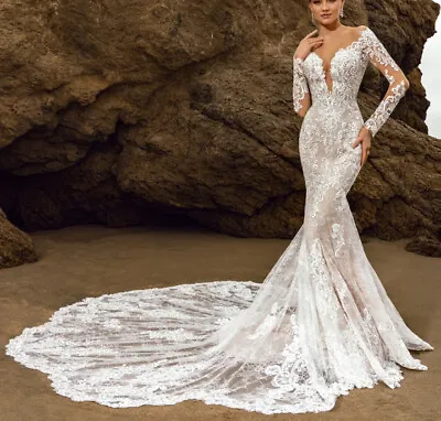 Luxury Mermaid Wedding Dress V-Neck Neckline Full Sleeves Lace Bridal Gown Train • $156.90