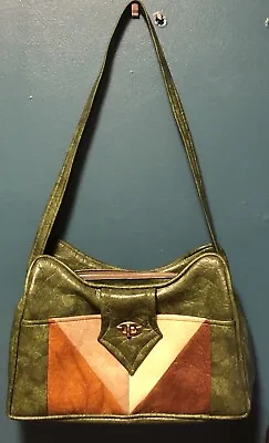 Vintage Retro Marbled Green Pleather W/ Brown Patchwork Shoulder Handbag Purse • $25