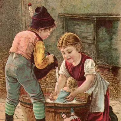 W.F. McLaughlin Coffee Victorian Trade Card Boy Girl Giving Toy Dolls Bath Tub • $24.99