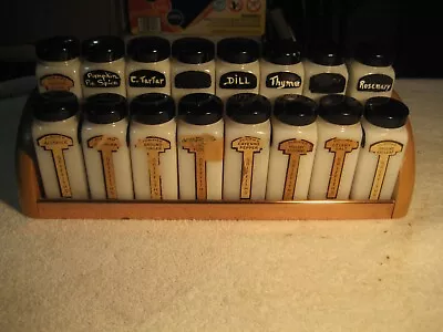 Set Of 16 Griffith Laboratories Milk Glass Spice Jars Rack & Black Lids • $55