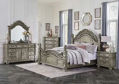 Traditional Furniture - 5 Piece Platinum Gold Queen King Poster Bedroom Set IA5J • $3686.97