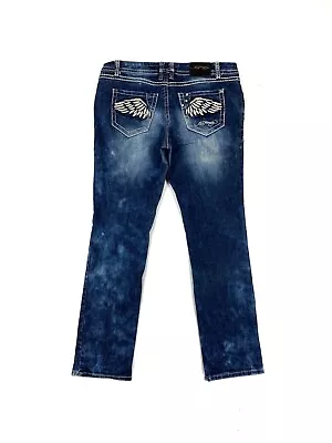 Ed Hardy Jeans Womens Blue Straight Leg Denim Embroidered Rhinestone Wings • $45