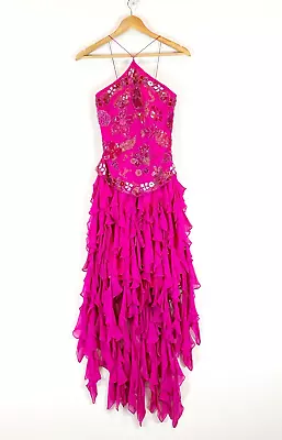 Vintage 90's Scala Silk Beaded Midi Dress Size Small Pink Formal Whimsical Fairy • $125