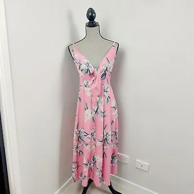 $49.95 • Buy Lorraine Size 16 Pink Floral Sleeveless Tie Bust Midi Dress Little Party Dress 